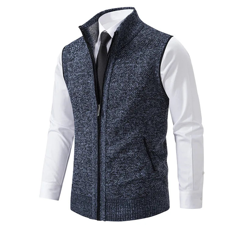 Men's Knitted Sleeveless Sweater Cardigan Zipper Sweater Vest Casual Sleeveless Warm Jacket Slim Fit Stand Collar Sweatercoat