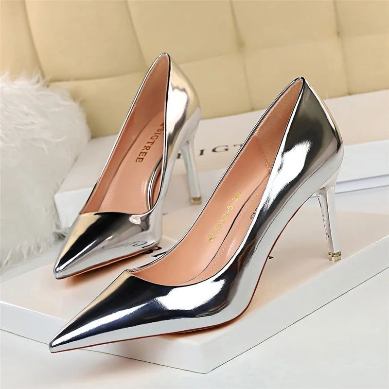 Women Patent Leather Pumps 7.5cm 10.5cm High Heels Lady Stiletto Low Heels Wedding Bridal Mteallic Silver Gold Sparkly Shoes