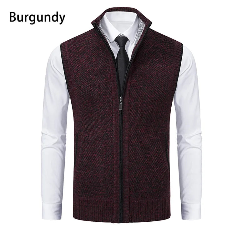 Men's Knitted Sleeveless Sweater Cardigan Zipper Sweater Vest Casual Sleeveless Warm Jacket Slim Fit Stand Collar Sweatercoat