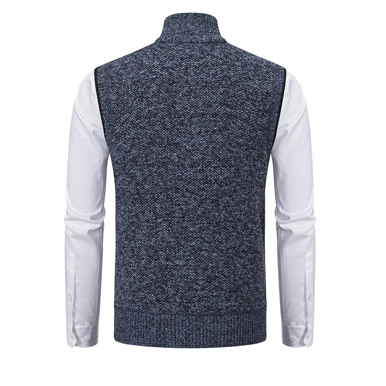 Men's Knitted Sleeveless Sweater Cardigan Zipper Sweater Vest Casual Sleeveless Warm Jacket Slim Fit Stand Collar Sweatercoat