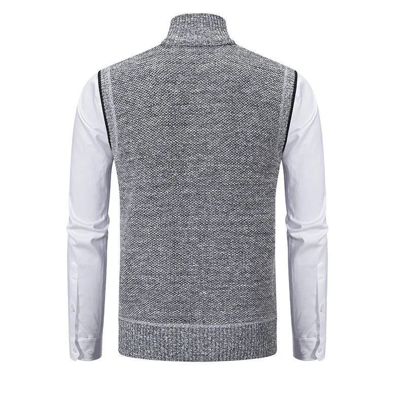 Men's Knitted Sleeveless Sweater Cardigan Zipper Sweater Vest Casual Sleeveless Warm Jacket Slim Fit Stand Collar Sweatercoat