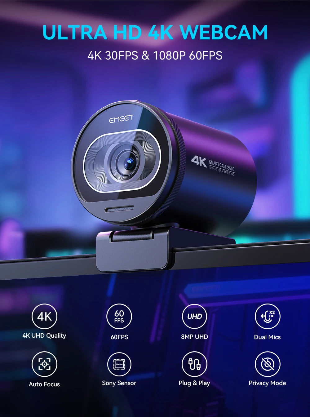 4K Webcam 1080P 60FPS Streaming Web Camera EMEET S600 Autofocus Living Stream Camera With Mics&Privacy Cover for Tiktok/YouTube