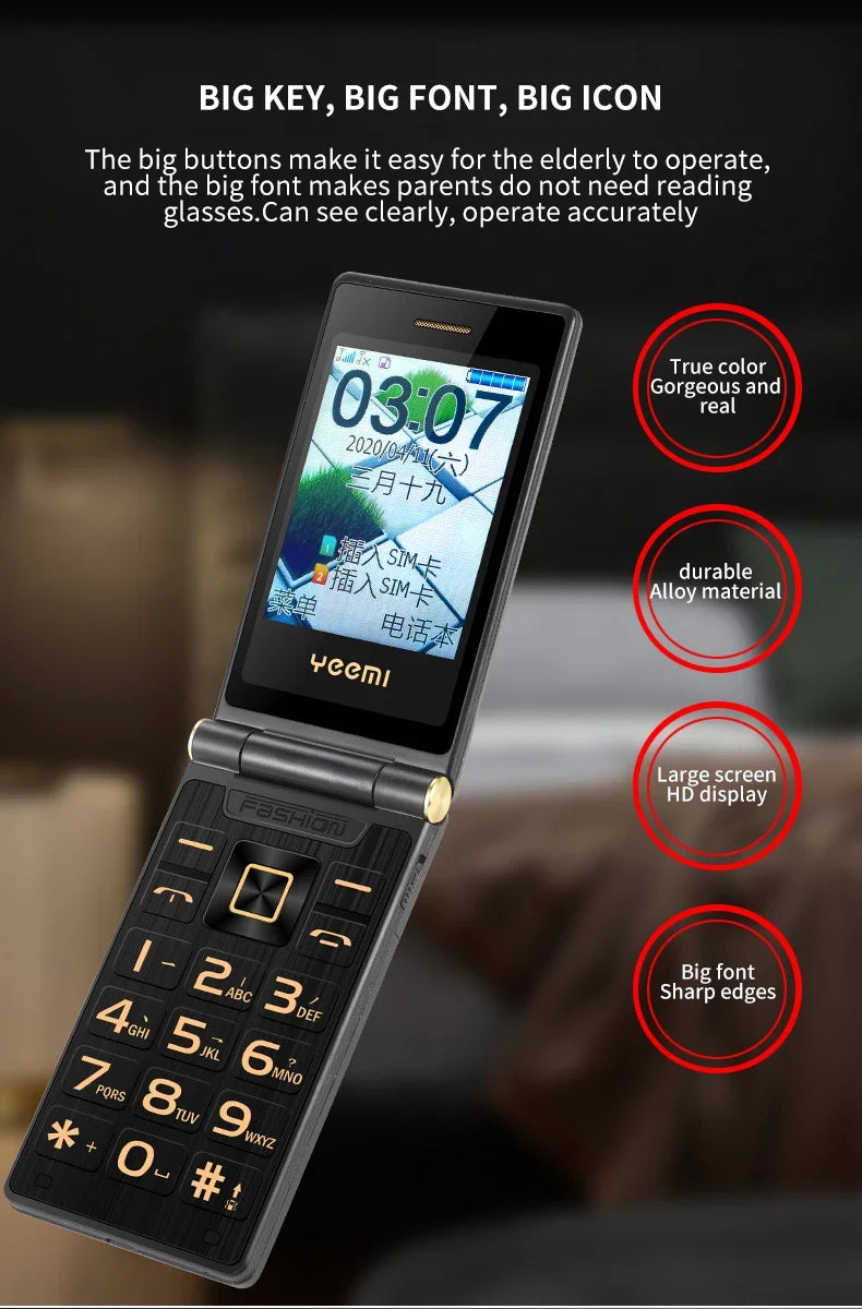 YeeMI G10 4G Rugged Feature Phone Big Button Full Band Flip Phone Dual SIM Dual Screen 1800mAh Big Battery Cellphone For Elderly