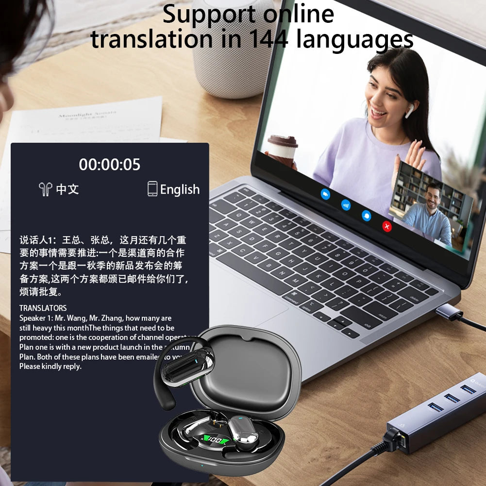 BT 5.3 AI Translation Earbuds with Ear Hook Translator Headphones Open Ear Headphones for Running Fitness Learning Accessories