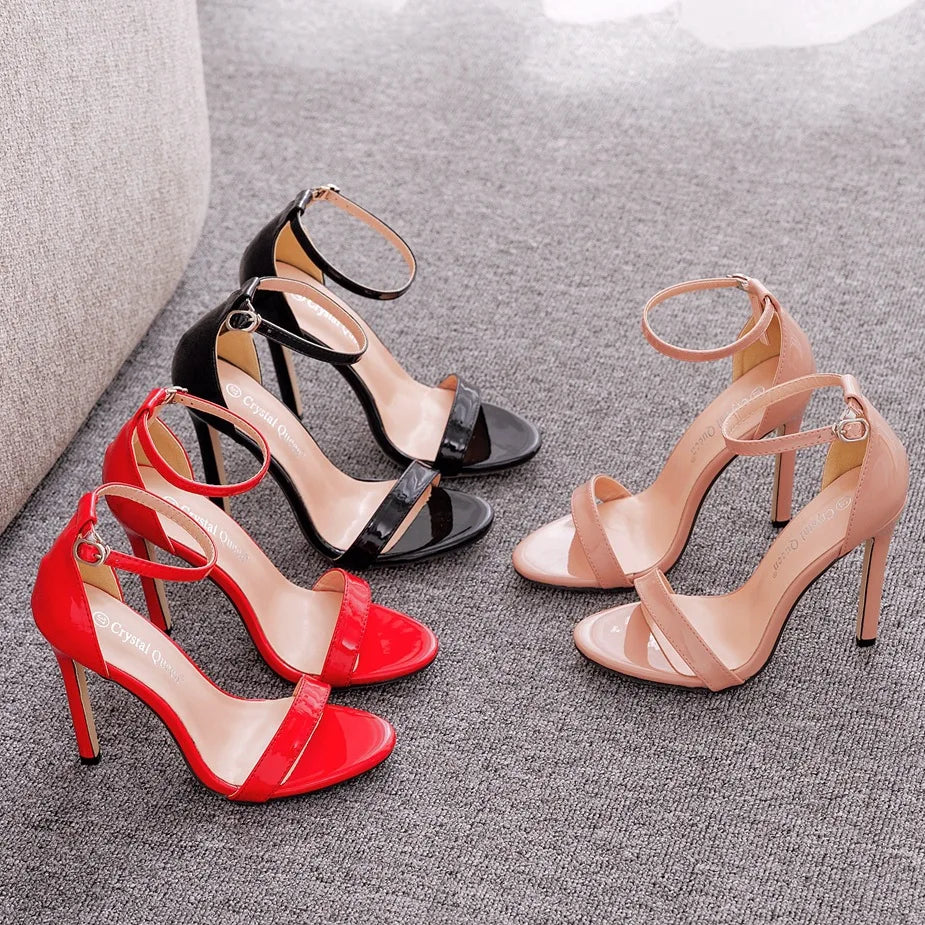 Plus Size 35-46 Shoes for Women Summer Pumps Sandals Wedding Party Evening Buckle Strap PU High Heel Shoes Sandalias De Mujer