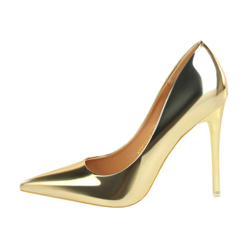 Women Patent Leather Pumps 7.5cm 10.5cm High Heels Lady Stiletto Low Heels Wedding Bridal Mteallic Silver Gold Sparkly Shoes