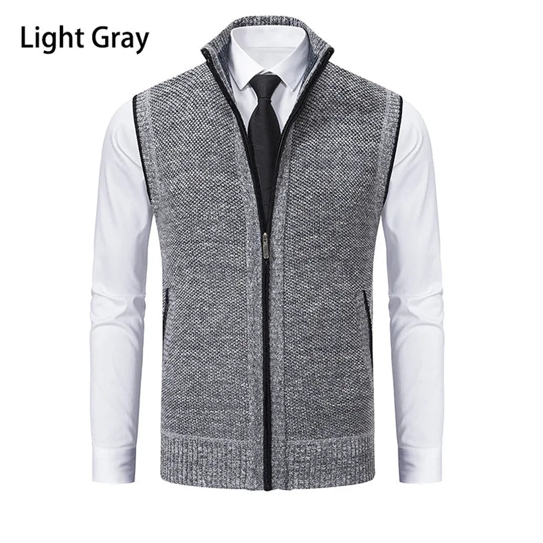 Men's Knitted Sleeveless Sweater Cardigan Zipper Sweater Vest Casual Sleeveless Warm Jacket Slim Fit Stand Collar Sweatercoat