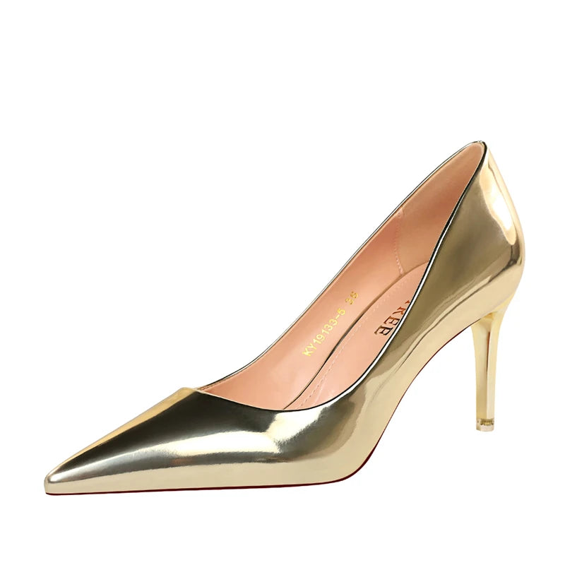 Women Patent Leather Pumps 7.5cm 10.5cm High Heels Lady Stiletto Low Heels Wedding Bridal Mteallic Silver Gold Sparkly Shoes