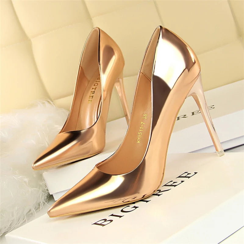 Women Patent Leather Pumps 7.5cm 10.5cm High Heels Lady Stiletto Low Heels Wedding Bridal Mteallic Silver Gold Sparkly Shoes