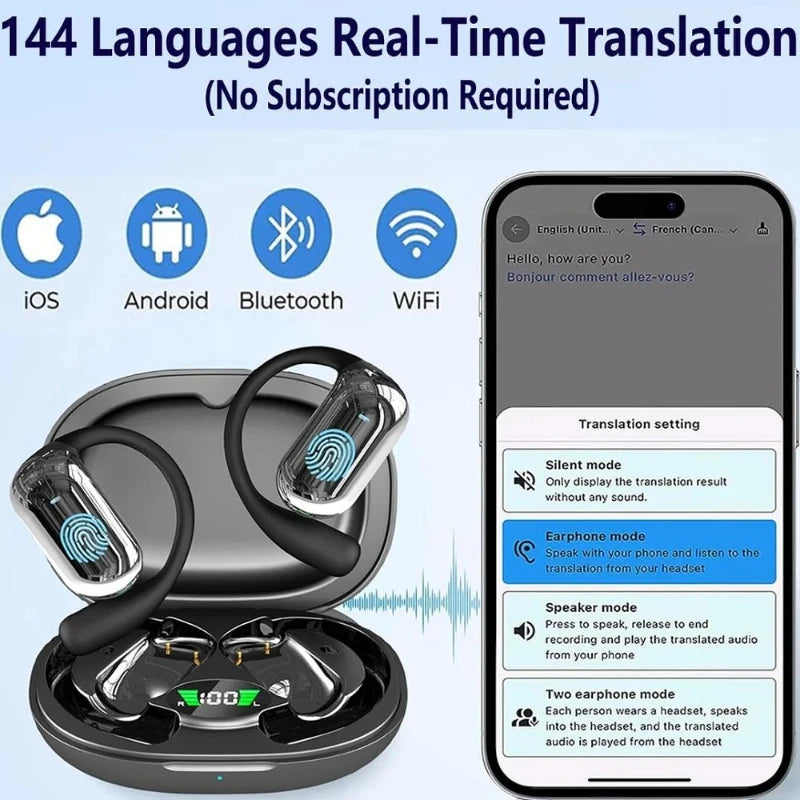 BT 5.3 AI Translation Earbuds with Ear Hook Translator Headphones Open Ear Headphones for Running Fitness Learning Accessories