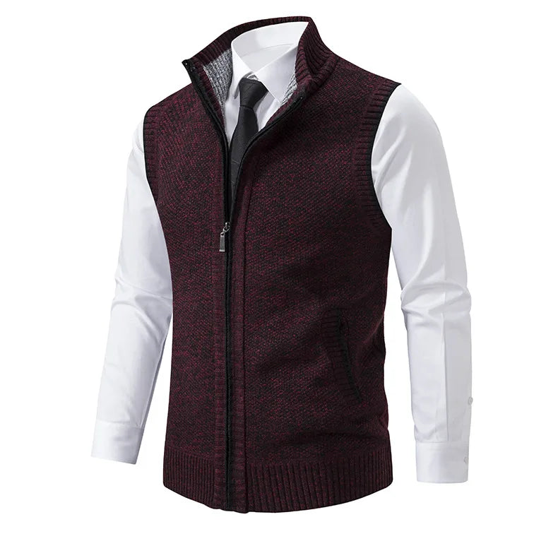 Men's Knitted Sleeveless Sweater Cardigan Zipper Sweater Vest Casual Sleeveless Warm Jacket Slim Fit Stand Collar Sweatercoat