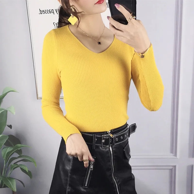 2026 Autumn Winter Women Solid Rib Knit V Neck Stripe Pull Sweater Femme Y2k Long Sleeve Pullover Jersey Tops Fashion Clothes