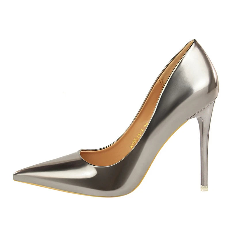 Women Patent Leather Pumps 7.5cm 10.5cm High Heels Lady Stiletto Low Heels Wedding Bridal Mteallic Silver Gold Sparkly Shoes