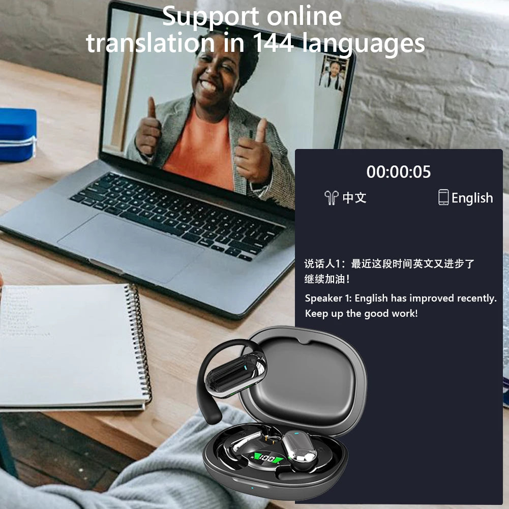 BT 5.3 AI Translation Earbuds with Ear Hook Translator Headphones Open Ear Headphones for Running Fitness Learning Accessories