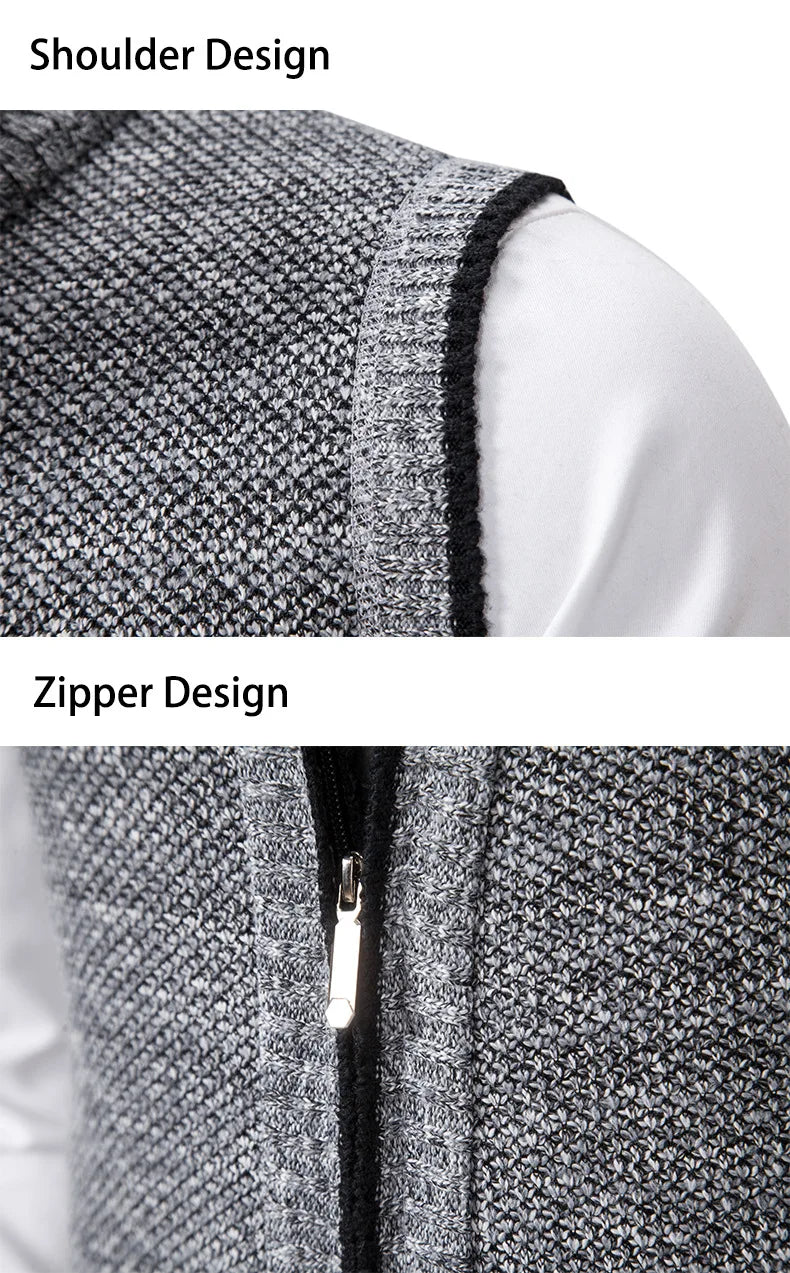 Men's Knitted Sleeveless Sweater Cardigan Zipper Sweater Vest Casual Sleeveless Warm Jacket Slim Fit Stand Collar Sweatercoat