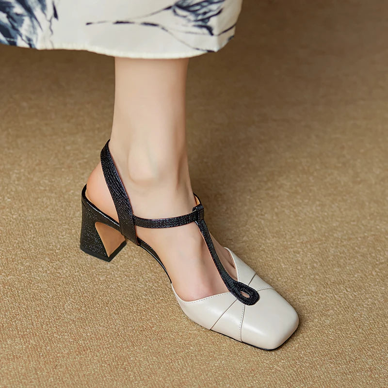 2025 Summer Women Shoes Genuine Leather Shoes for Women Square Toe Chunky Heel Women Sandals Retro Cover Toe Ankle Strap Shoes