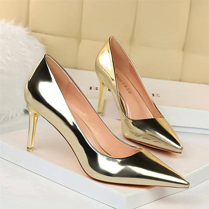 Women Patent Leather Pumps 7.5cm 10.5cm High Heels Lady Stiletto Low Heels Wedding Bridal Mteallic Silver Gold Sparkly Shoes