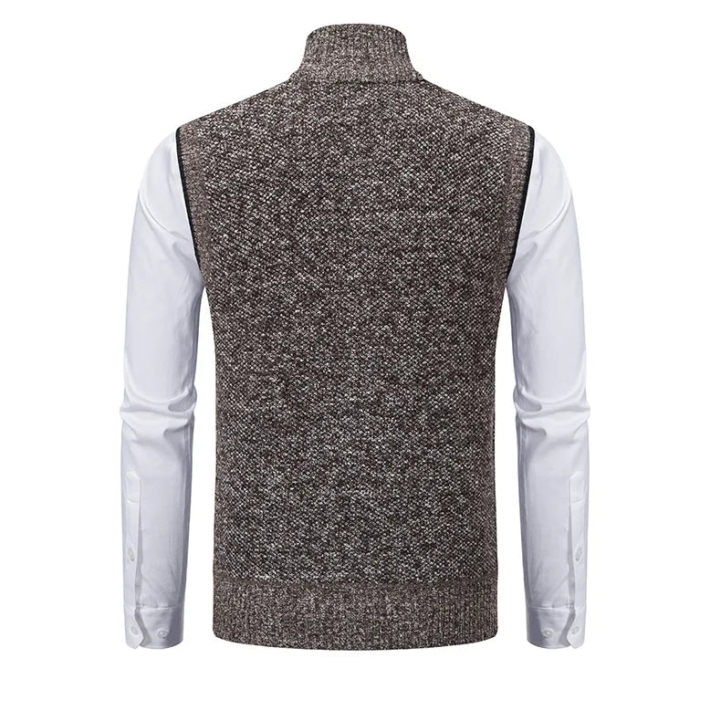 Men's Knitted Sleeveless Sweater Cardigan Zipper Sweater Vest Casual Sleeveless Warm Jacket Slim Fit Stand Collar Sweatercoat