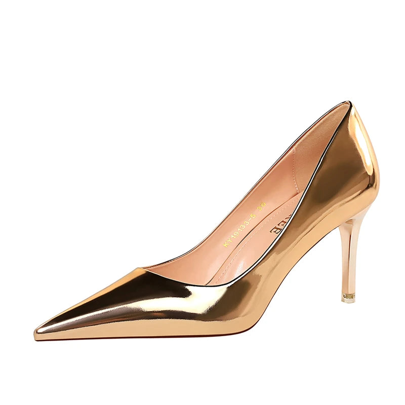 Women Patent Leather Pumps 7.5cm 10.5cm High Heels Lady Stiletto Low Heels Wedding Bridal Mteallic Silver Gold Sparkly Shoes