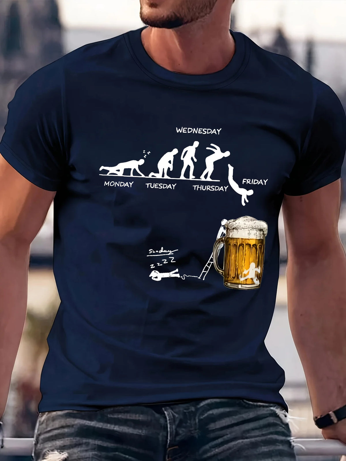 Men's Summer 100 Cotton Fashionable Casual Loose Large Fun Beer Pattern Printed Sports Round Neck Short Sleeve T-shirt Top