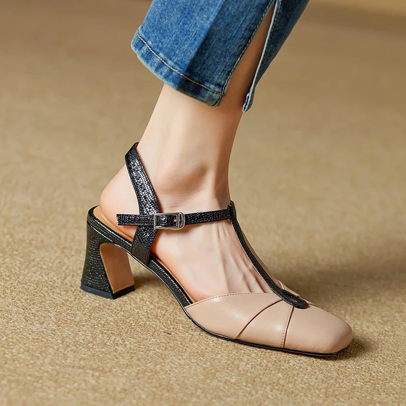 2025 Summer Women Shoes Genuine Leather Shoes for Women Square Toe Chunky Heel Women Sandals Retro Cover Toe Ankle Strap Shoes