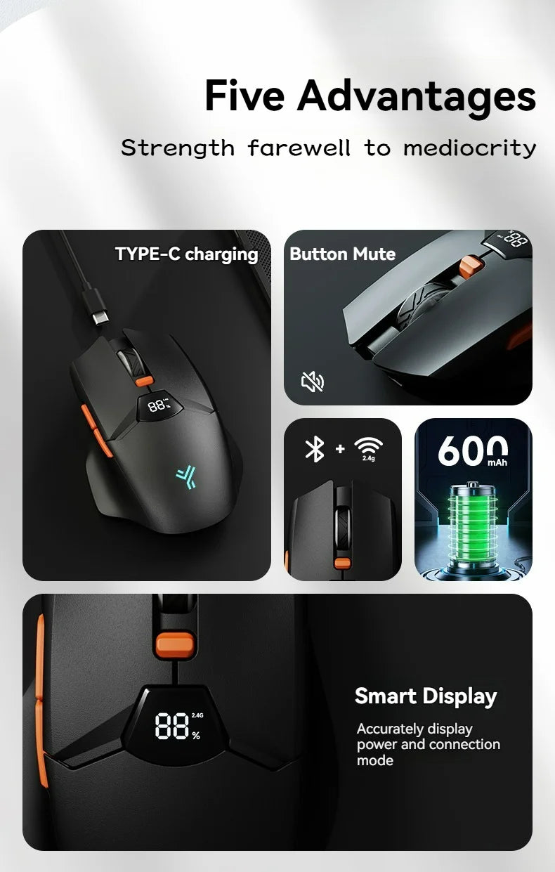 2.4G Bluetooth wireless mouse screen display power 600mAh large capacity battery, light tone buttons for gaming and office
