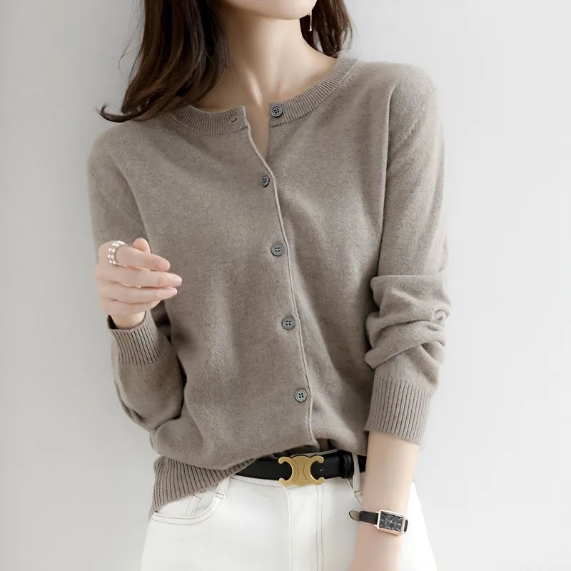 Women's round neck loose fitting slimming cardigan sweater, spring and autumn knitted cardigan, solid color versatile top