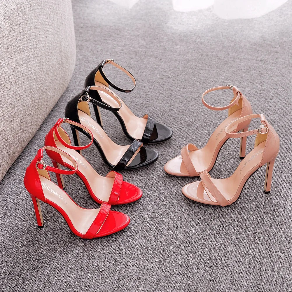 Plus Size 35-46 Shoes for Women Summer Pumps Sandals Wedding Party Evening Buckle Strap PU High Heel Shoes Sandalias De Mujer