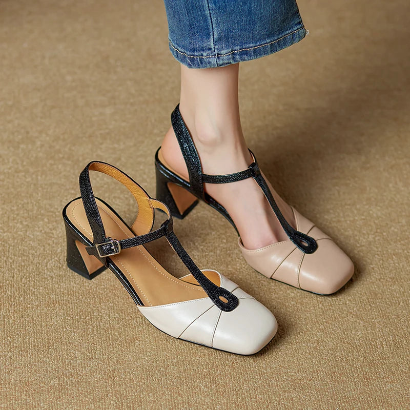 2025 Summer Women Shoes Genuine Leather Shoes for Women Square Toe Chunky Heel Women Sandals Retro Cover Toe Ankle Strap Shoes