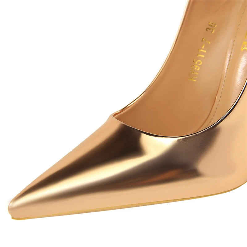 Women Patent Leather Pumps 7.5cm 10.5cm High Heels Lady Stiletto Low Heels Wedding Bridal Mteallic Silver Gold Sparkly Shoes