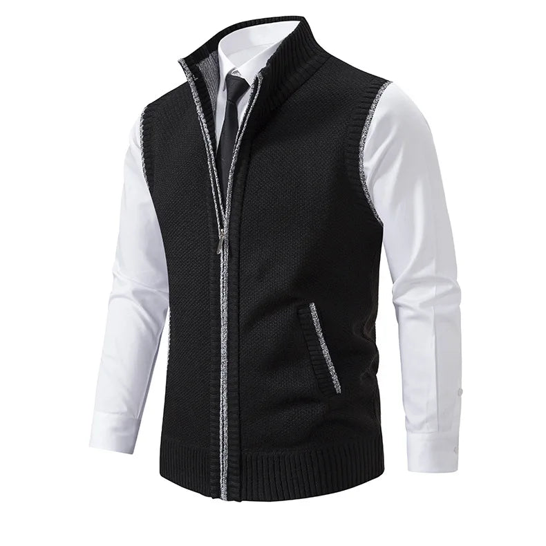 Men's Knitted Sleeveless Sweater Cardigan Zipper Sweater Vest Casual Sleeveless Warm Jacket Slim Fit Stand Collar Sweatercoat
