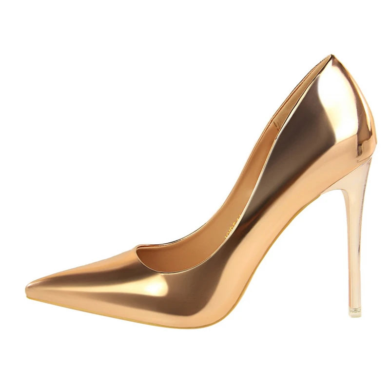Women Patent Leather Pumps 7.5cm 10.5cm High Heels Lady Stiletto Low Heels Wedding Bridal Mteallic Silver Gold Sparkly Shoes