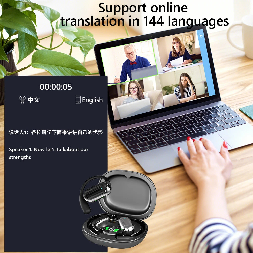 BT 5.3 AI Translation Earbuds with Ear Hook Translator Headphones Open Ear Headphones for Running Fitness Learning Accessories