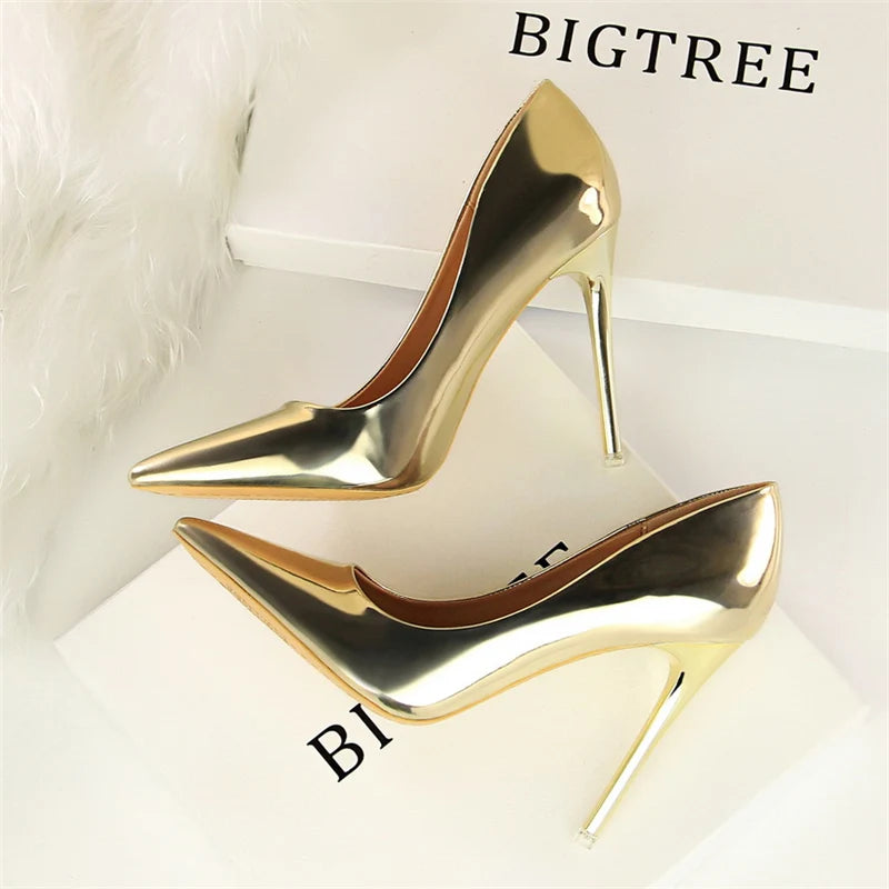 Women Patent Leather Pumps 7.5cm 10.5cm High Heels Lady Stiletto Low Heels Wedding Bridal Mteallic Silver Gold Sparkly Shoes