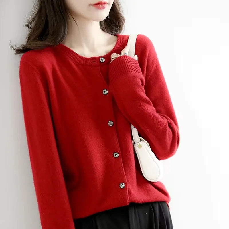 Women's round neck loose fitting slimming cardigan sweater, spring and autumn knitted cardigan, solid color versatile top