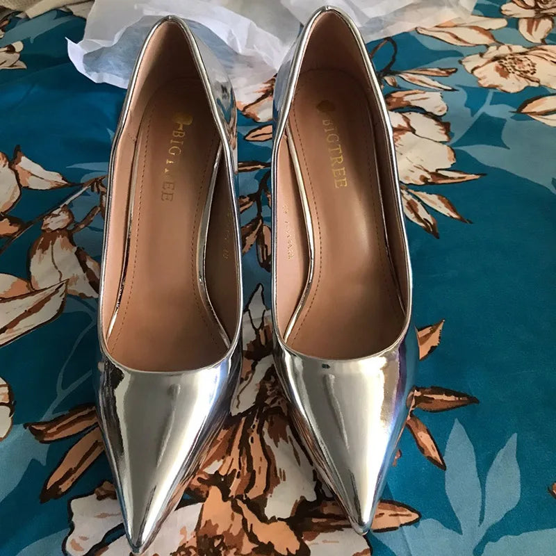 Women Patent Leather Pumps 7.5cm 10.5cm High Heels Lady Stiletto Low Heels Wedding Bridal Mteallic Silver Gold Sparkly Shoes