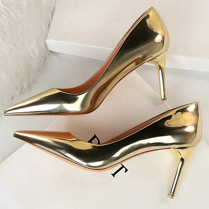 Women Patent Leather Pumps 7.5cm 10.5cm High Heels Lady Stiletto Low Heels Wedding Bridal Mteallic Silver Gold Sparkly Shoes