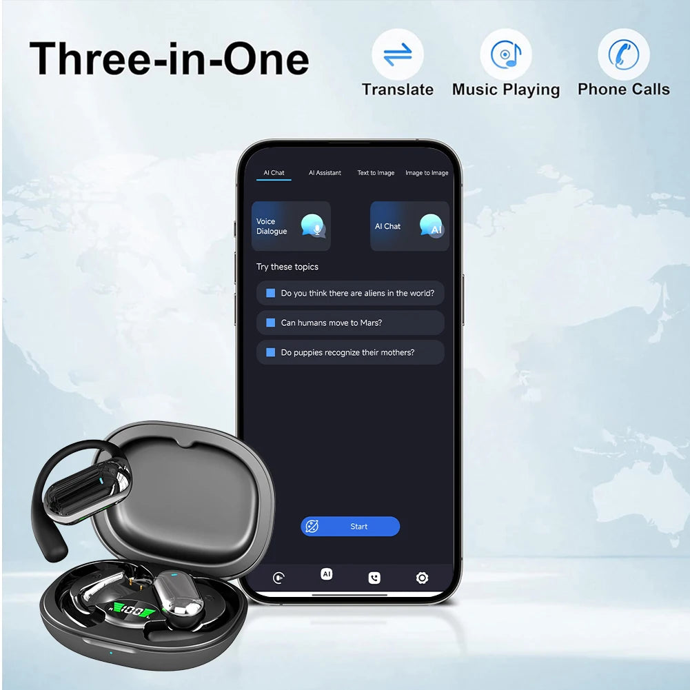 BT 5.3 AI Translation Earbuds with Ear Hook Translator Headphones Open Ear Headphones for Running Fitness Learning Accessories