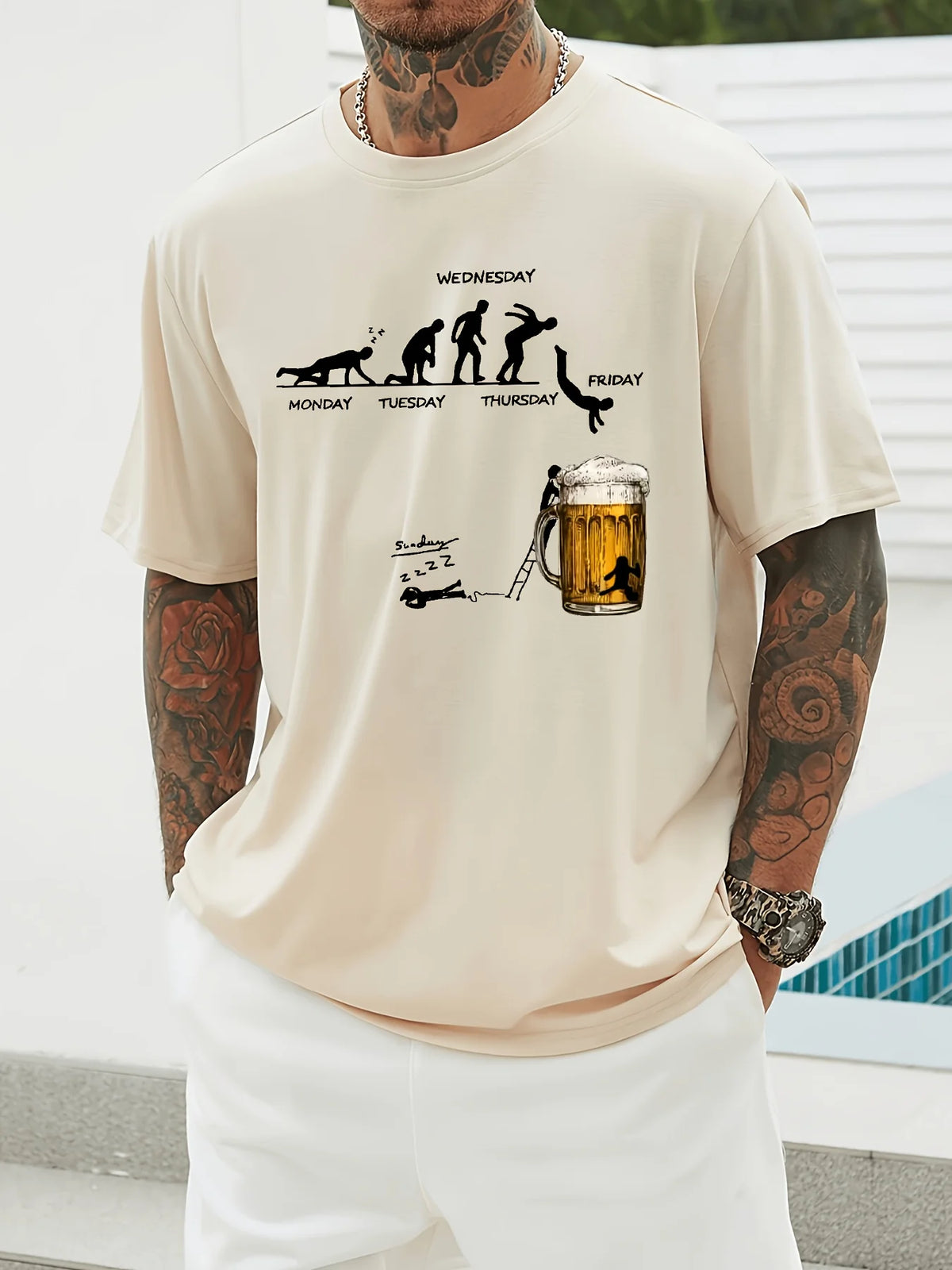 Men's Summer 100 Cotton Fashionable Casual Loose Large Fun Beer Pattern Printed Sports Round Neck Short Sleeve T-shirt Top