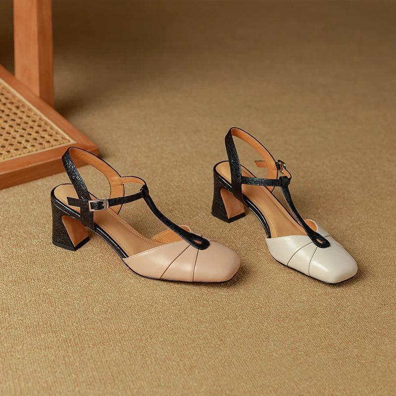 2025 Summer Women Shoes Genuine Leather Shoes for Women Square Toe Chunky Heel Women Sandals Retro Cover Toe Ankle Strap Shoes