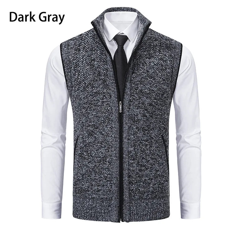 Men's Knitted Sleeveless Sweater Cardigan Zipper Sweater Vest Casual Sleeveless Warm Jacket Slim Fit Stand Collar Sweatercoat