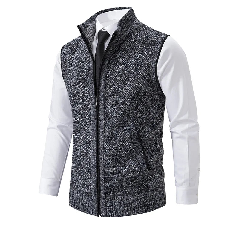 Men's Knitted Sleeveless Sweater Cardigan Zipper Sweater Vest Casual Sleeveless Warm Jacket Slim Fit Stand Collar Sweatercoat