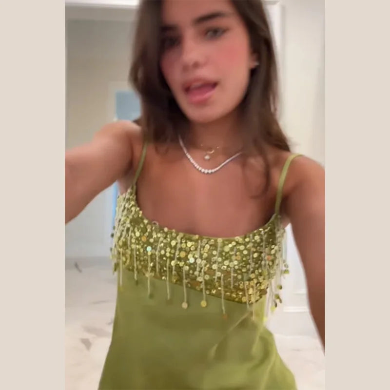 Sequin Tassel Beach Mini Dress Women Satin Spaghetti Straps Square Neck Party Clubs Short Skirt 2026 NEW Summer Vacation Dresses