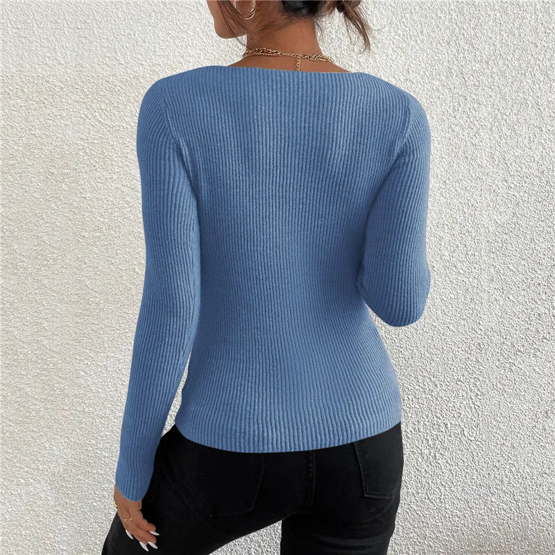 2026 Autumn Winter Women Solid Rib Knit V Neck Stripe Pull Sweater Femme Y2k Long Sleeve Pullover Jersey Tops Fashion Clothes