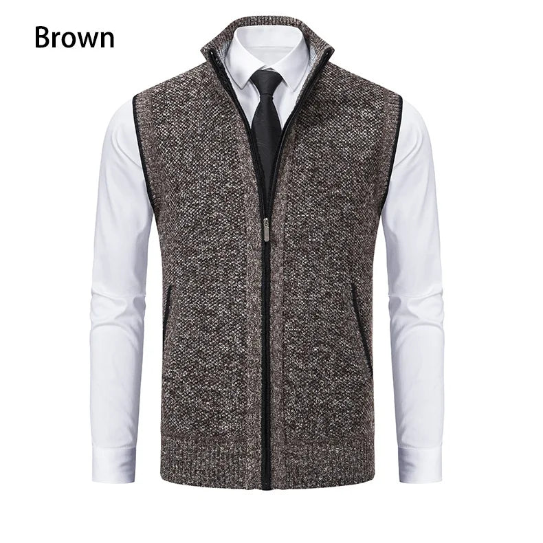 Men's Knitted Sleeveless Sweater Cardigan Zipper Sweater Vest Casual Sleeveless Warm Jacket Slim Fit Stand Collar Sweatercoat