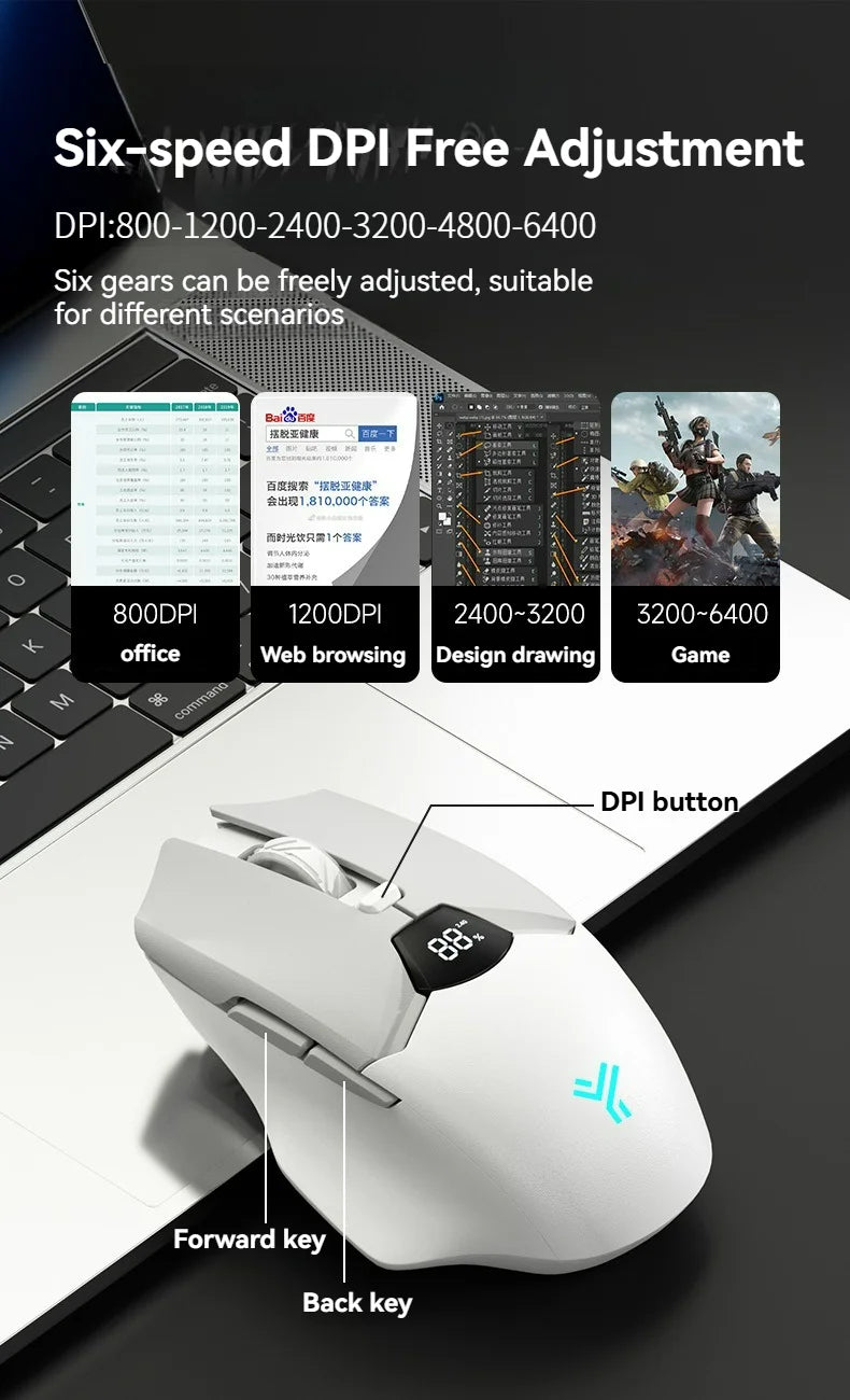 2.4G Bluetooth wireless mouse screen display power 600mAh large capacity battery, light tone buttons for gaming and office