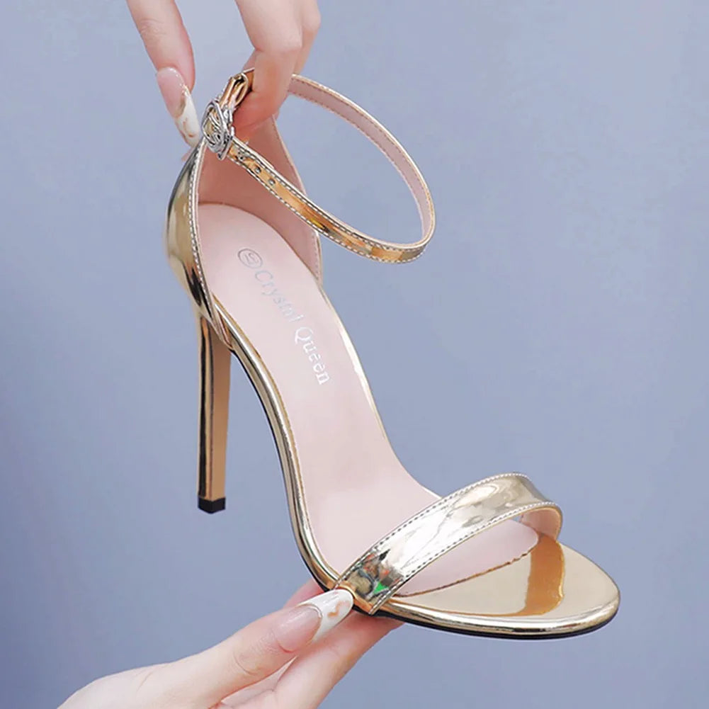 Plus Size 35-46 Shoes for Women Summer Pumps Sandals Wedding Party Evening Buckle Strap PU High Heel Shoes Sandalias De Mujer