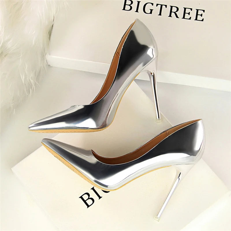 Women Patent Leather Pumps 7.5cm 10.5cm High Heels Lady Stiletto Low Heels Wedding Bridal Mteallic Silver Gold Sparkly Shoes