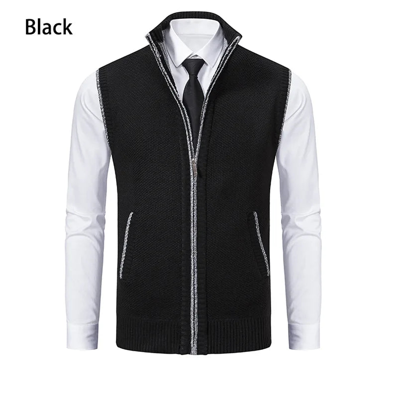 Men's Knitted Sleeveless Sweater Cardigan Zipper Sweater Vest Casual Sleeveless Warm Jacket Slim Fit Stand Collar Sweatercoat