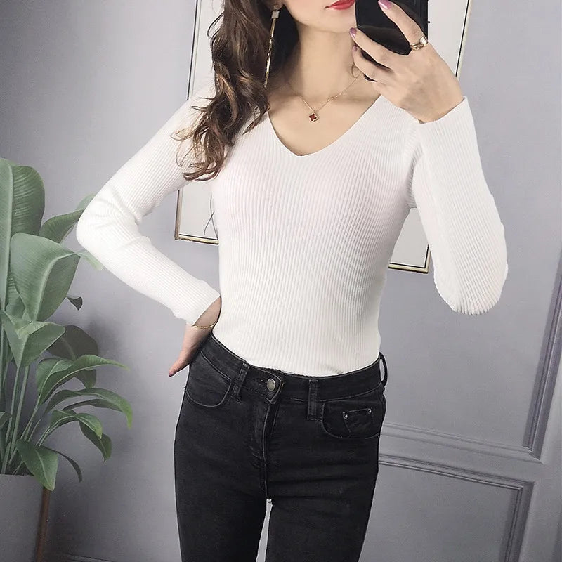 2026 Autumn Winter Women Solid Rib Knit V Neck Stripe Pull Sweater Femme Y2k Long Sleeve Pullover Jersey Tops Fashion Clothes